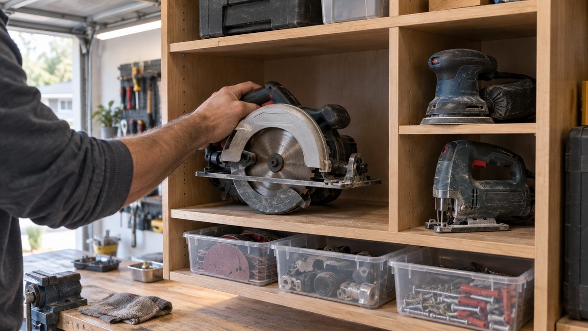 Circular saw jigsaw and sander stored upright in open workshop cubbies