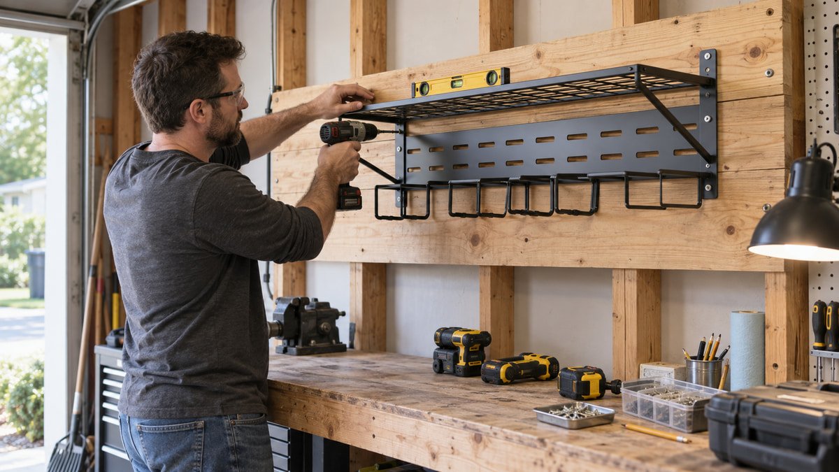 Homeowner fastening an empty power tool rack to a wooden garage backing board