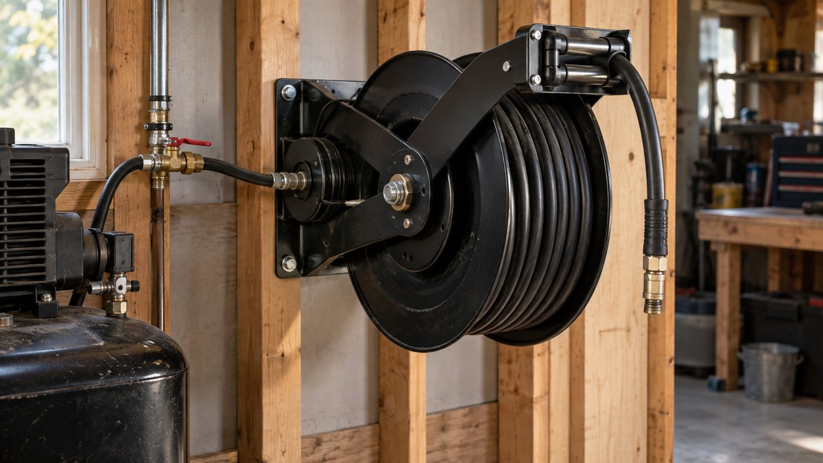 Steel dual arm air hose reel with leader hose on a framed garage wall