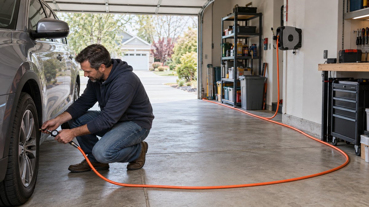 Air hose routed safely along the side of a garage to a vehicle tire