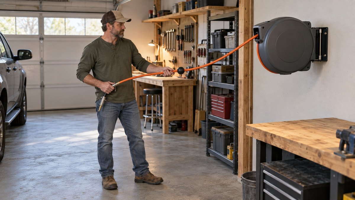 Homeowner guiding a retractable air hose slowly back toward its reel