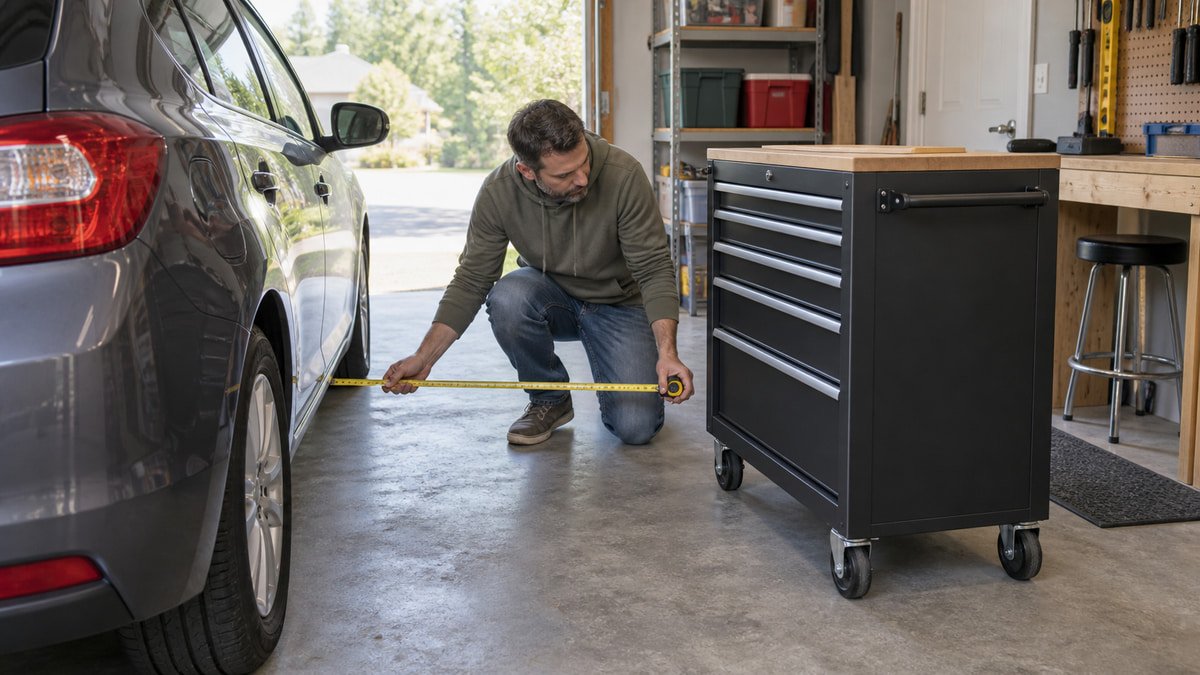 Homeowner measuring aisle clearance beside a rolling garage tool cart