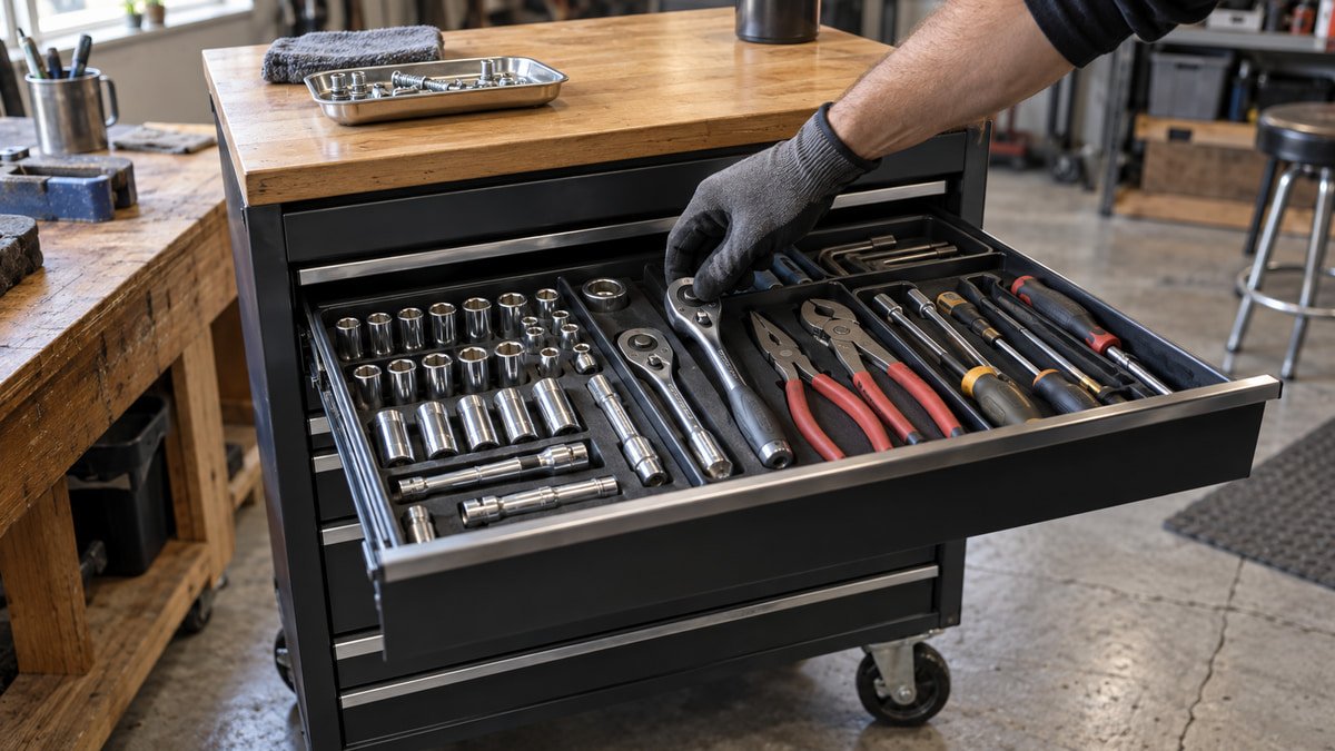 Organized shallow drawer inside a compact rolling mechanics tool cart