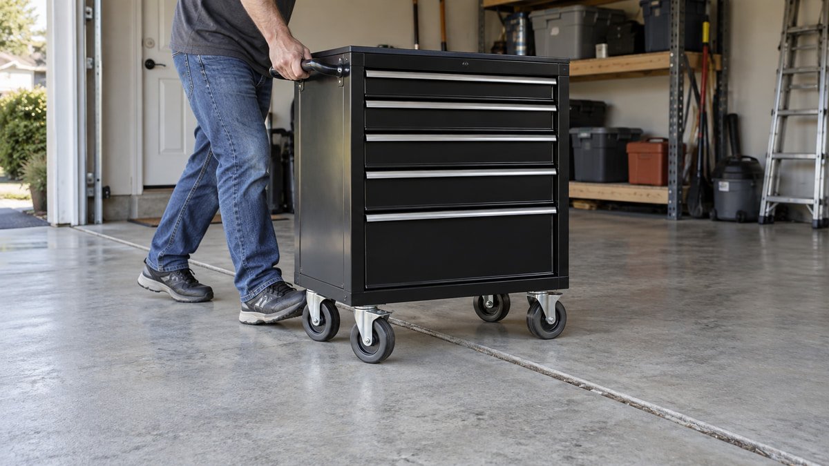 Rolling tool cart casters approaching a concrete garage floor joint