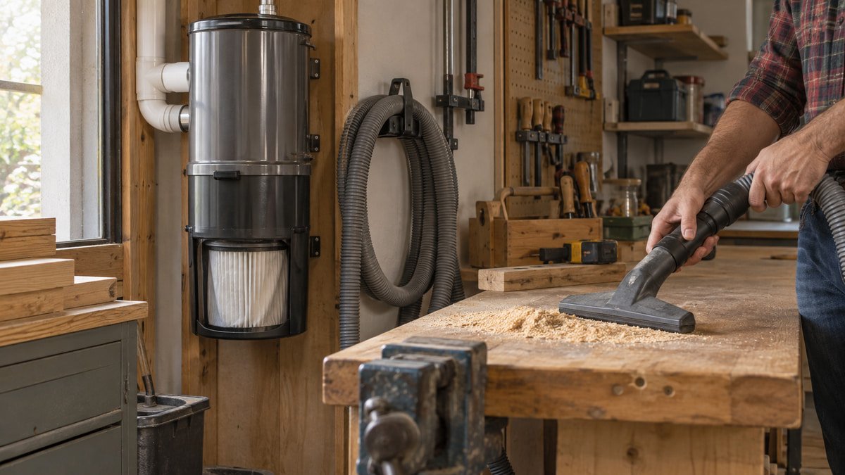 Fixed garage wall vacuum cleaning sawdust from a wooden workbench