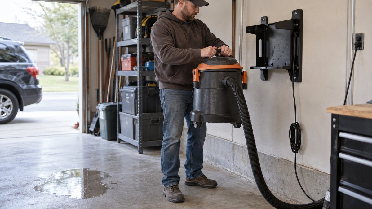 Detachable wet dry vacuum lifted from its wall bracket in a garage