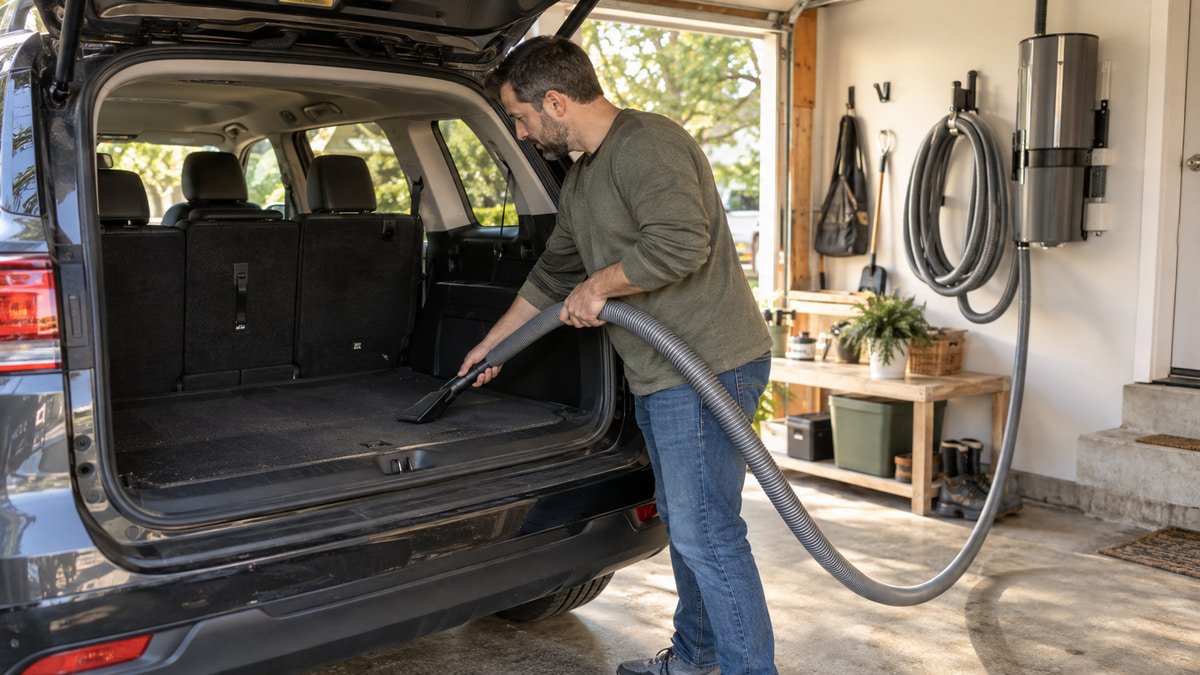 Long garage vacuum hose reaching the rear cargo area of an SUV
