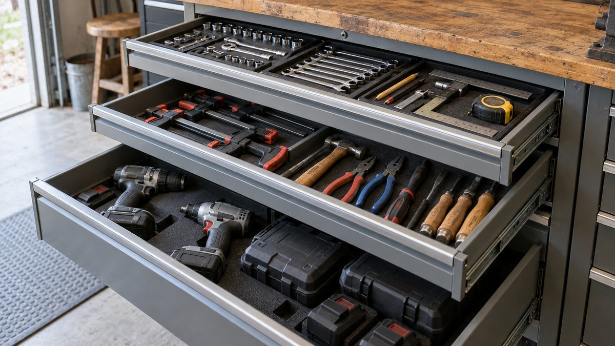 Shallow and deep workbench drawers holding hand tools and power tools
