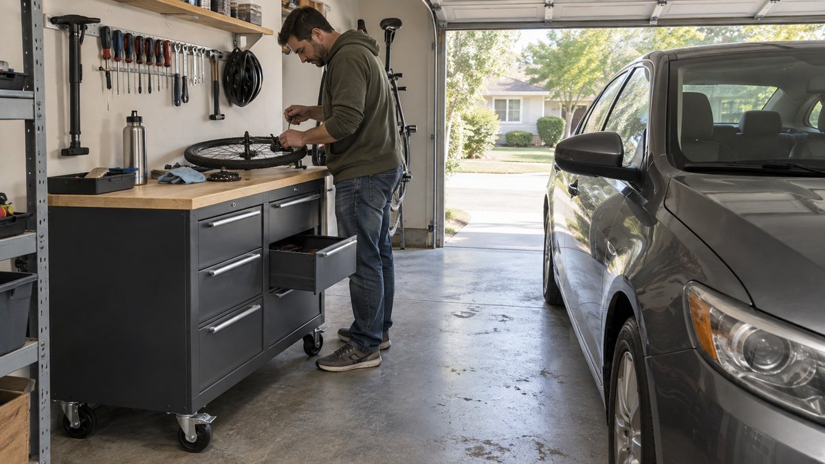 Compact forty inch drawer workbench beside a parked car in a home garage