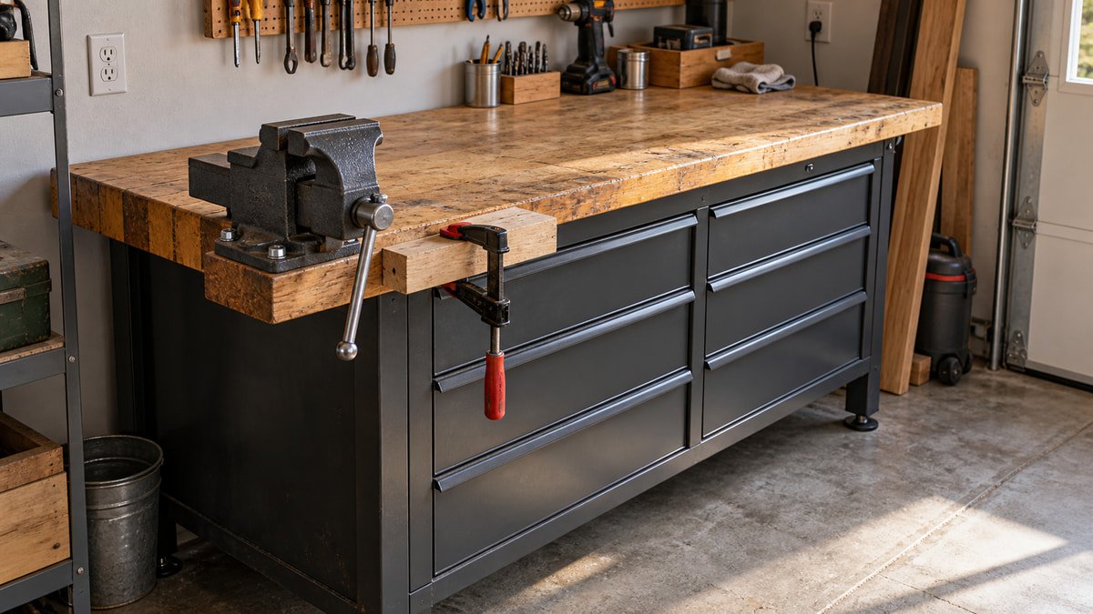 Fixed steel drawer workbench with wood top and a vise near the edge