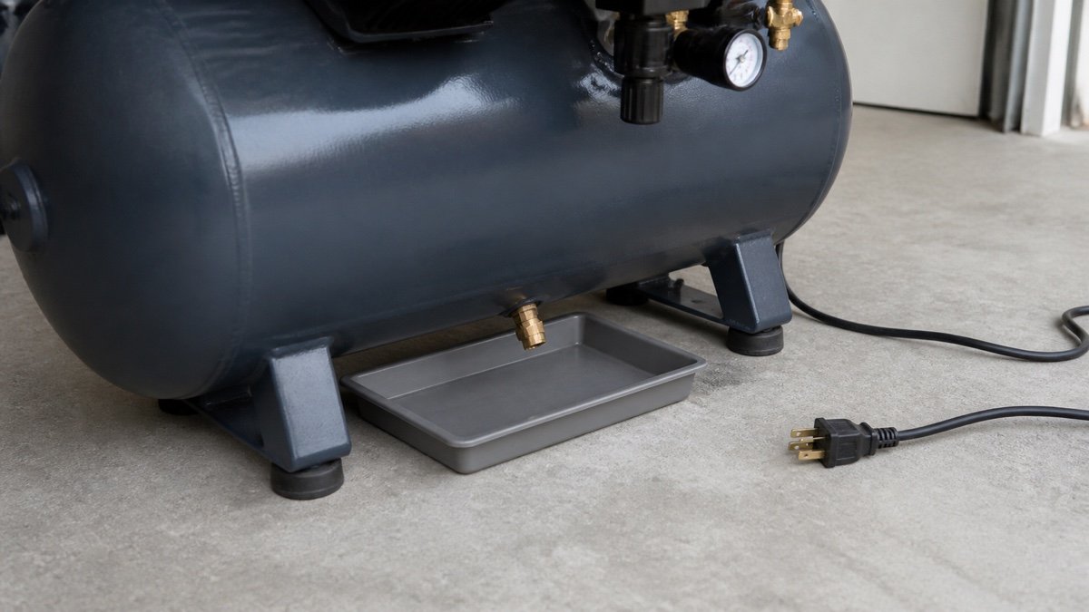 Unplugged garage air compressor with drain valve accessible above a shallow maintenance tray