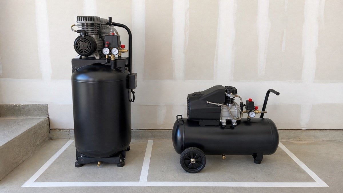 Two gallon portable compressor and ten gallon wheeled compressor shown in separate garage floor footprints