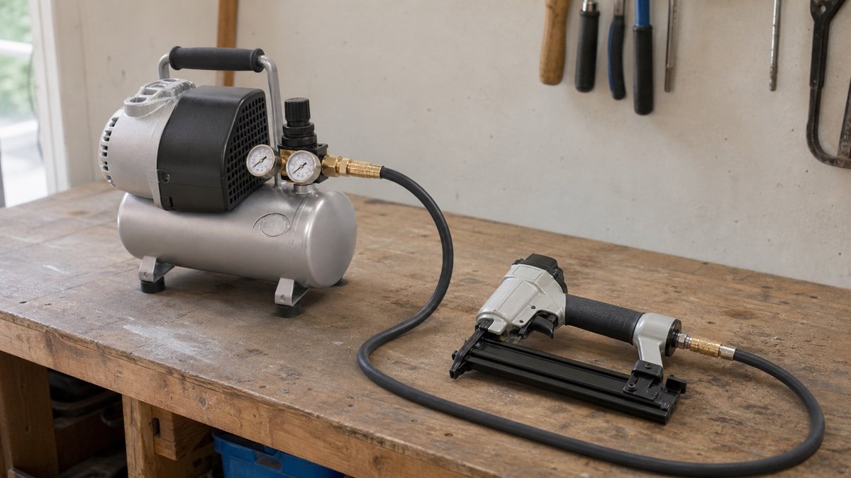 Pneumatic impact wrench, brad nailer, tire inflator, and sander arranged beside an air compressor manual