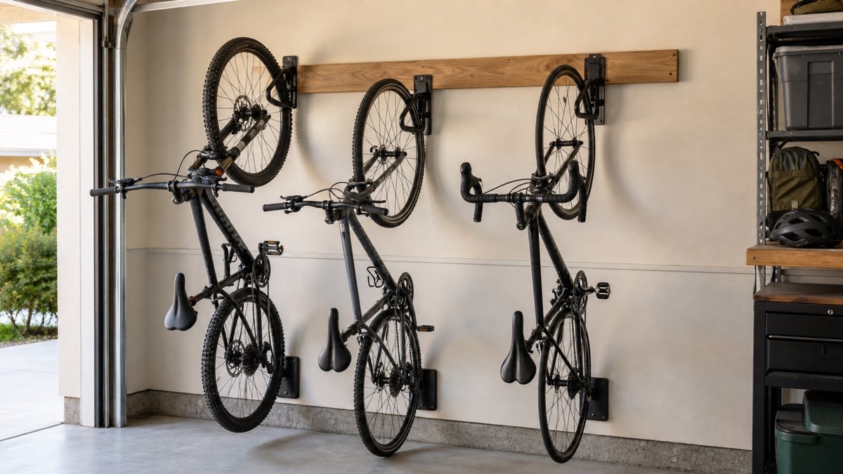 Mountain bikes on staggered vertical wall racks beside an open garage bay