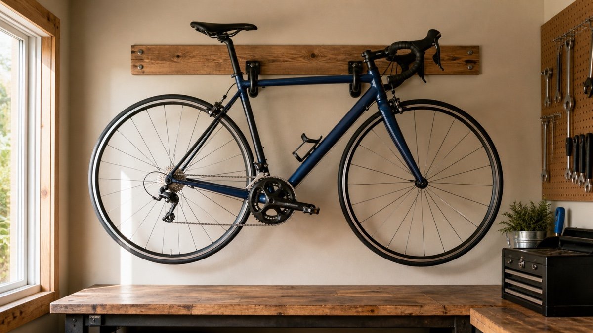 Road bicycle held horizontally on padded frame cradles in a garage