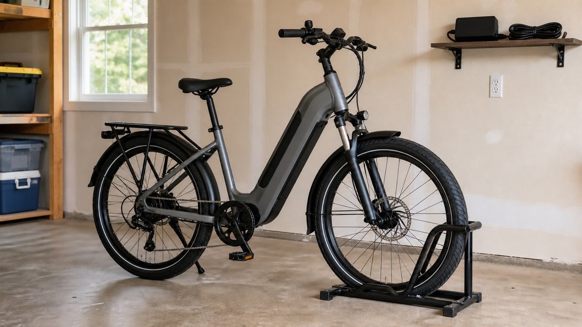 Heavy electric bicycle parked in a floor rack near a garage outlet