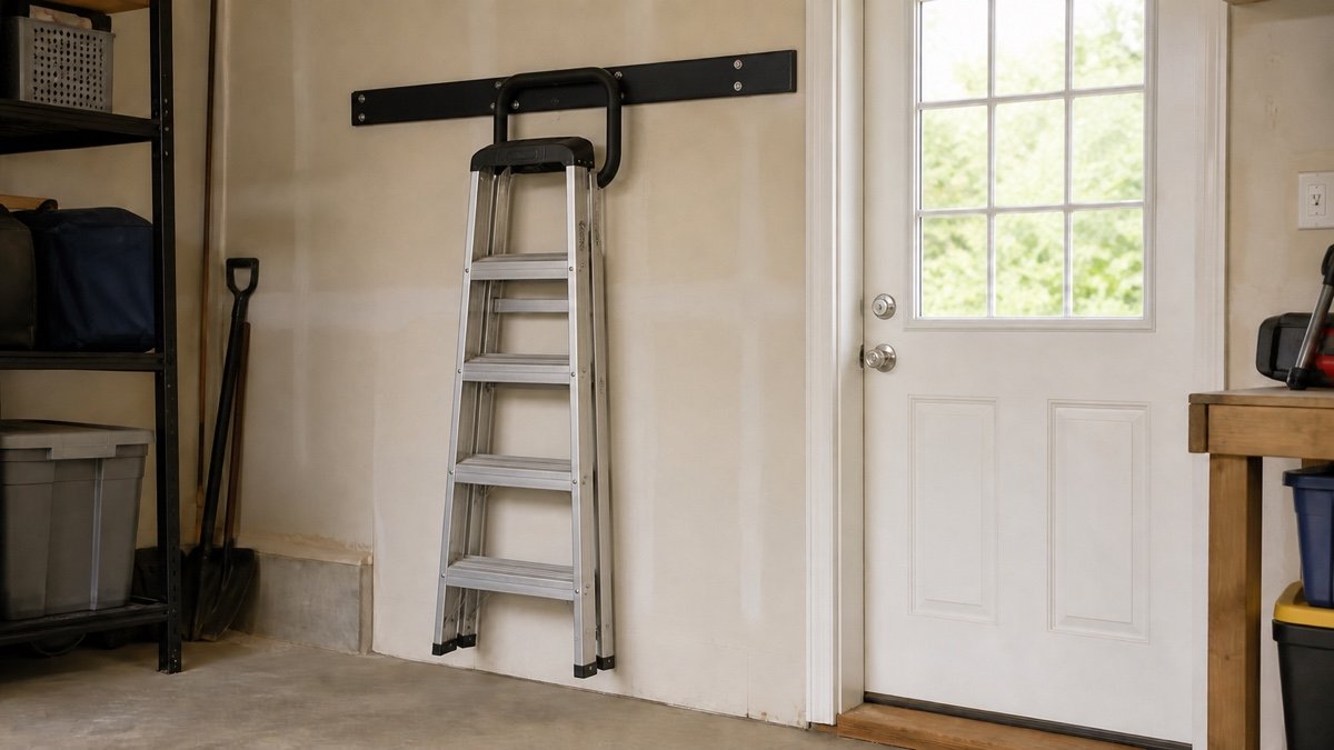Folded stepladder hanging low on a rated wall hook near a garage side door