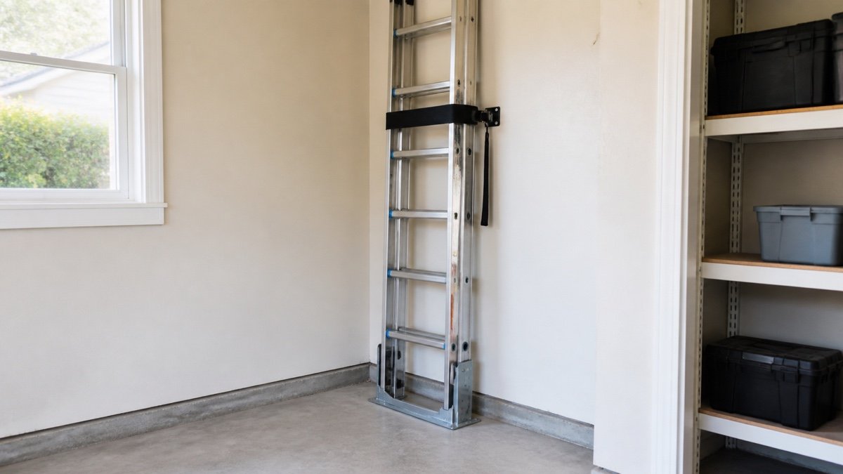 Long extension ladder stored vertically in a secured garage corner