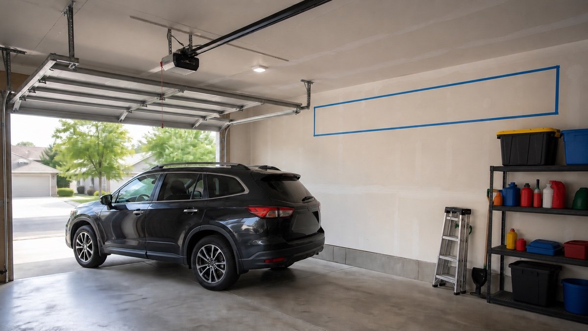 Garage door fully open below a ladder storage mockup taped near the ceiling