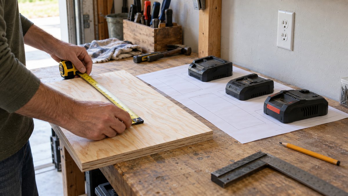 Homeowner measuring a plywood charging shelf beside a garage workbench outlet
