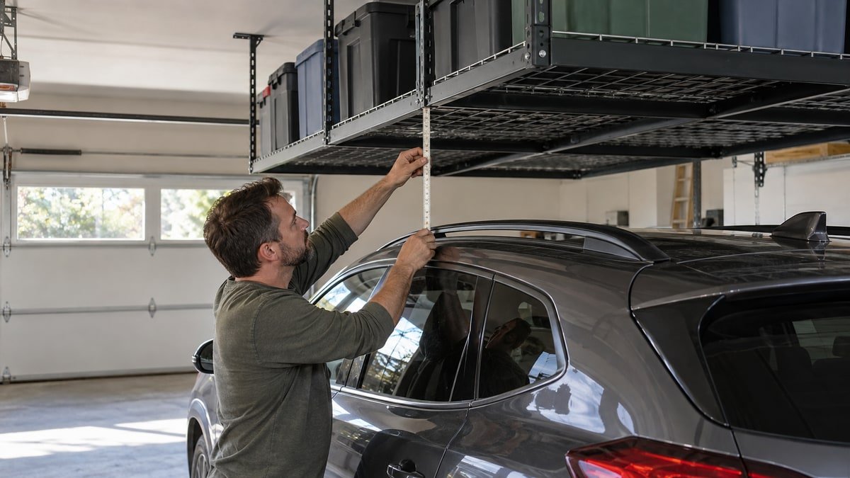 Homeowner measuring vehicle clearance below a fixed garage ceiling rack