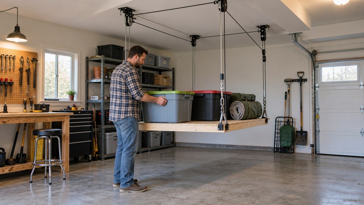 Ceiling storage lift lowered for loading lightweight seasonal garage bins