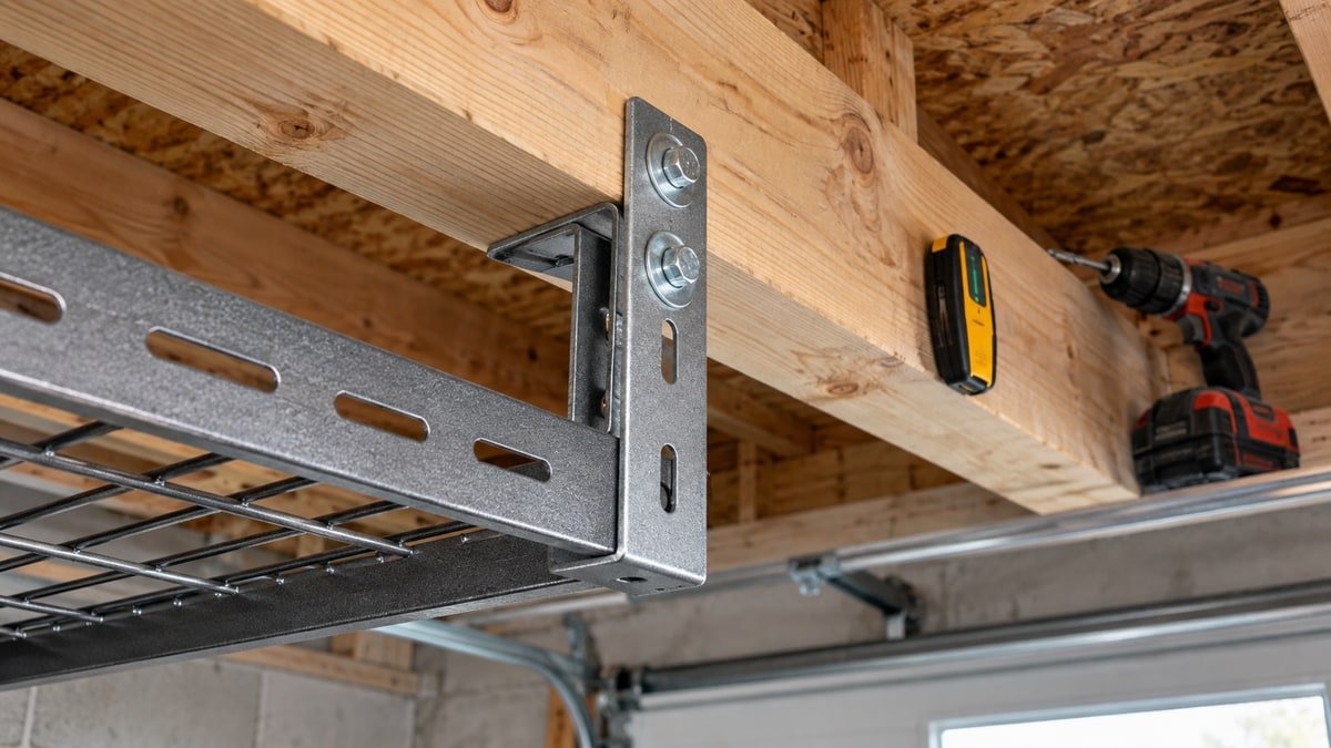 Steel overhead rack bracket secured beneath a solid wooden ceiling joist