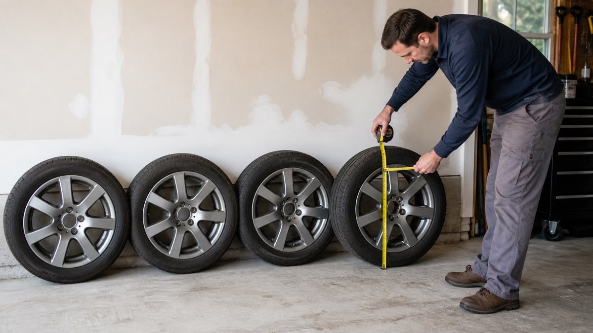 Homeowner measuring the height and width of four mounted wheels before selecting a tire rack