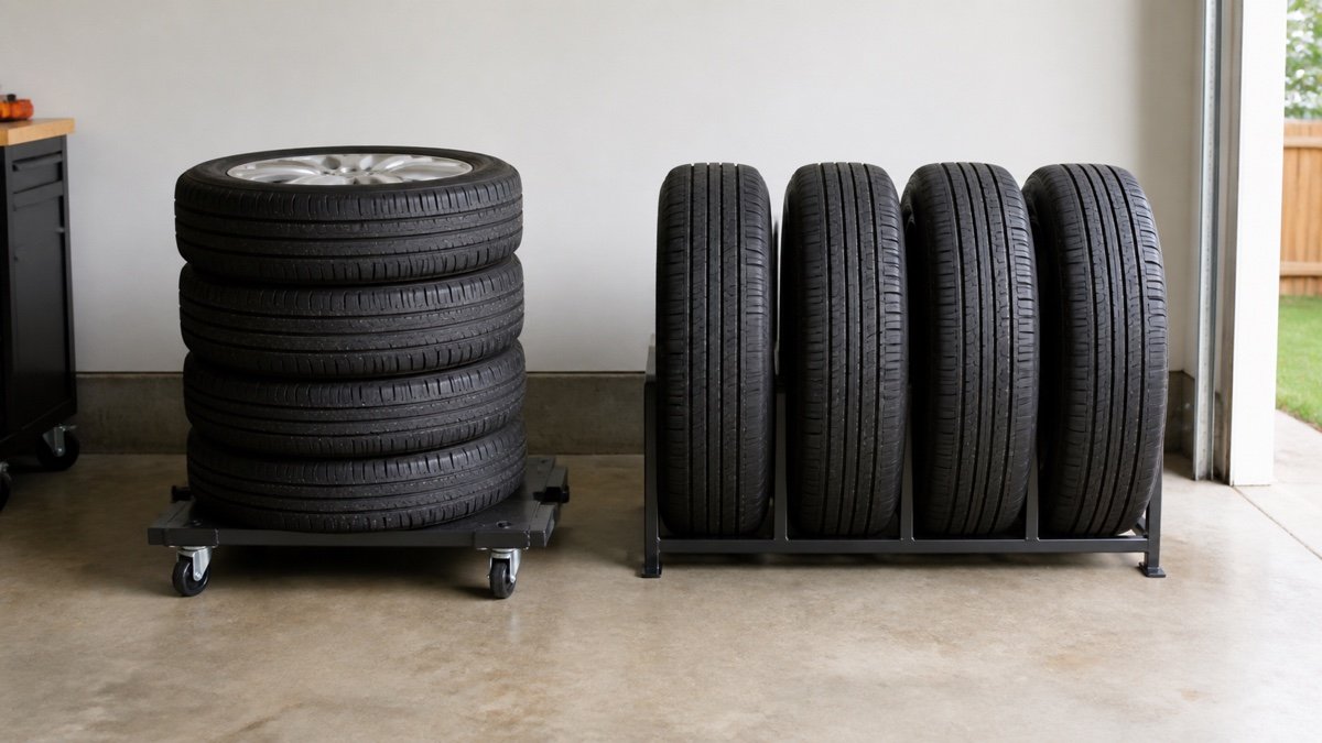 Mounted wheels stacked flat beside unmounted tires stored upright on a low rack