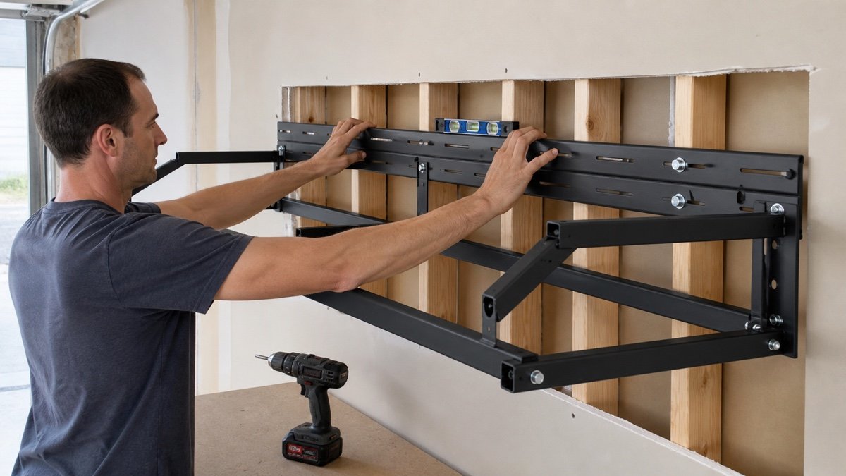 Empty adjustable tire rack positioned against exposed wall studs during installation