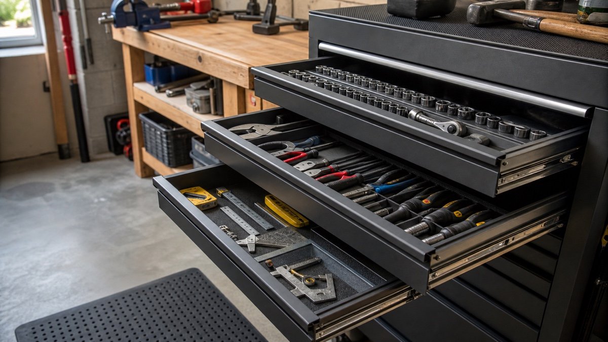 Shallow tool drawers organized by task with sockets, pliers, and measuring tools