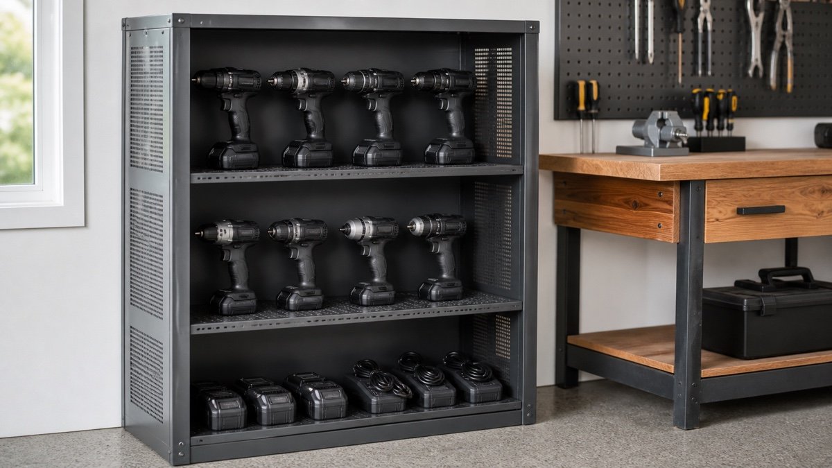 Cordless drills and batteries stored in a ventilated garage cabinet beside a workbench