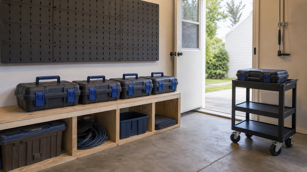 Portable tool cases staged beneath a wall storage panel in a garage workshop
