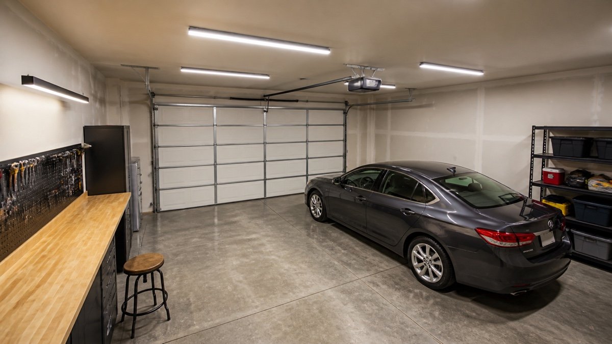 Two rows of diffused LED fixtures over a garage workshop