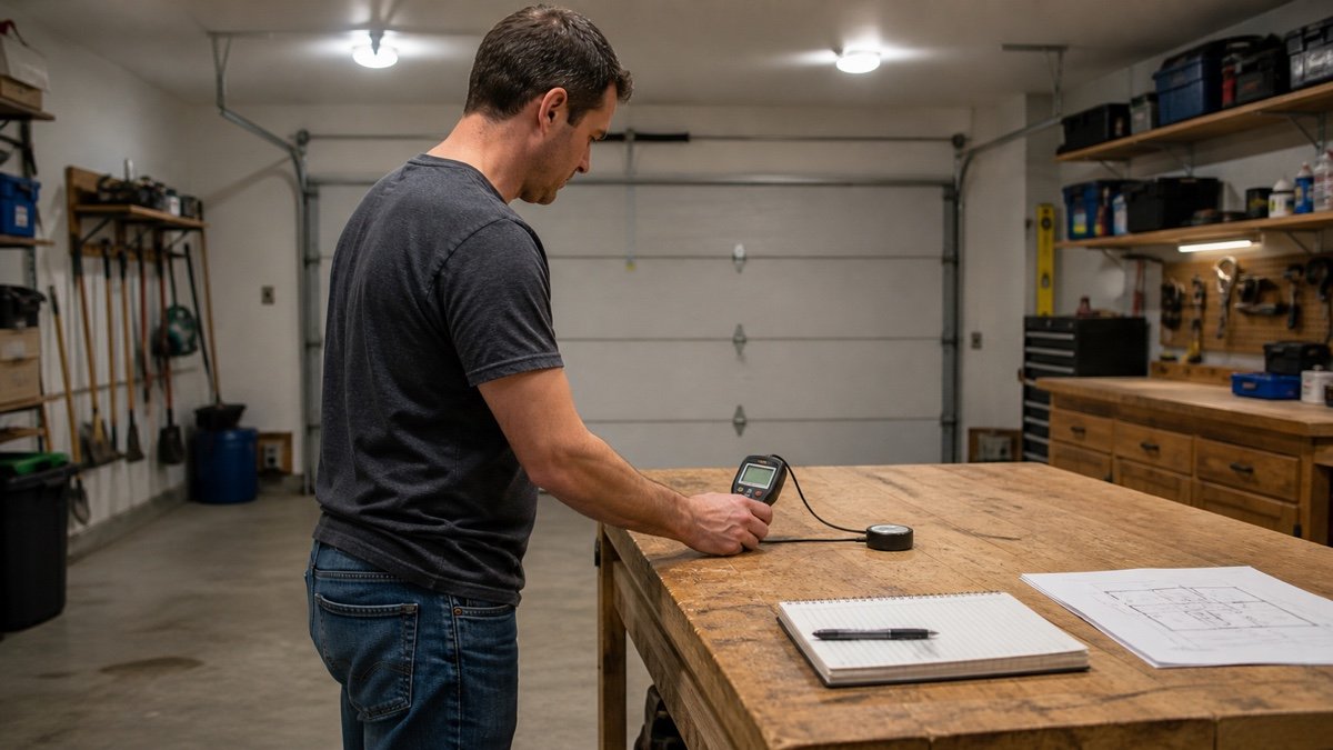Homeowner checking garage workshop light at several work surfaces
