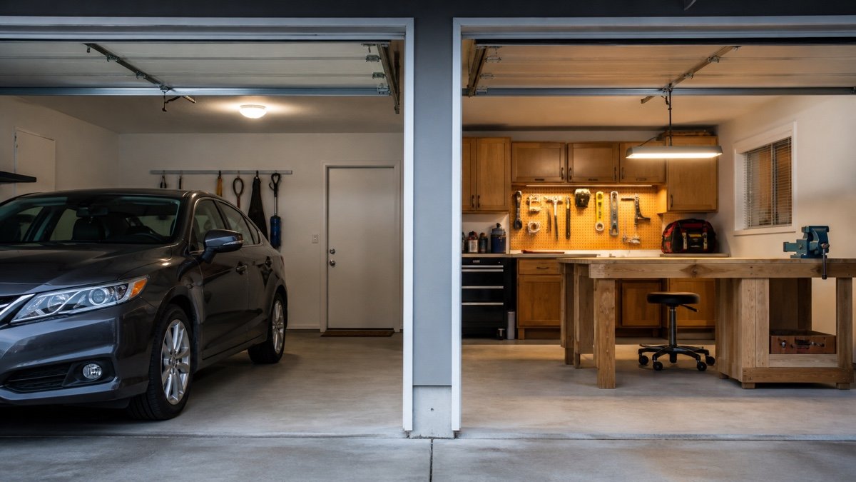 Bright task lighting over a detailed garage workbench project