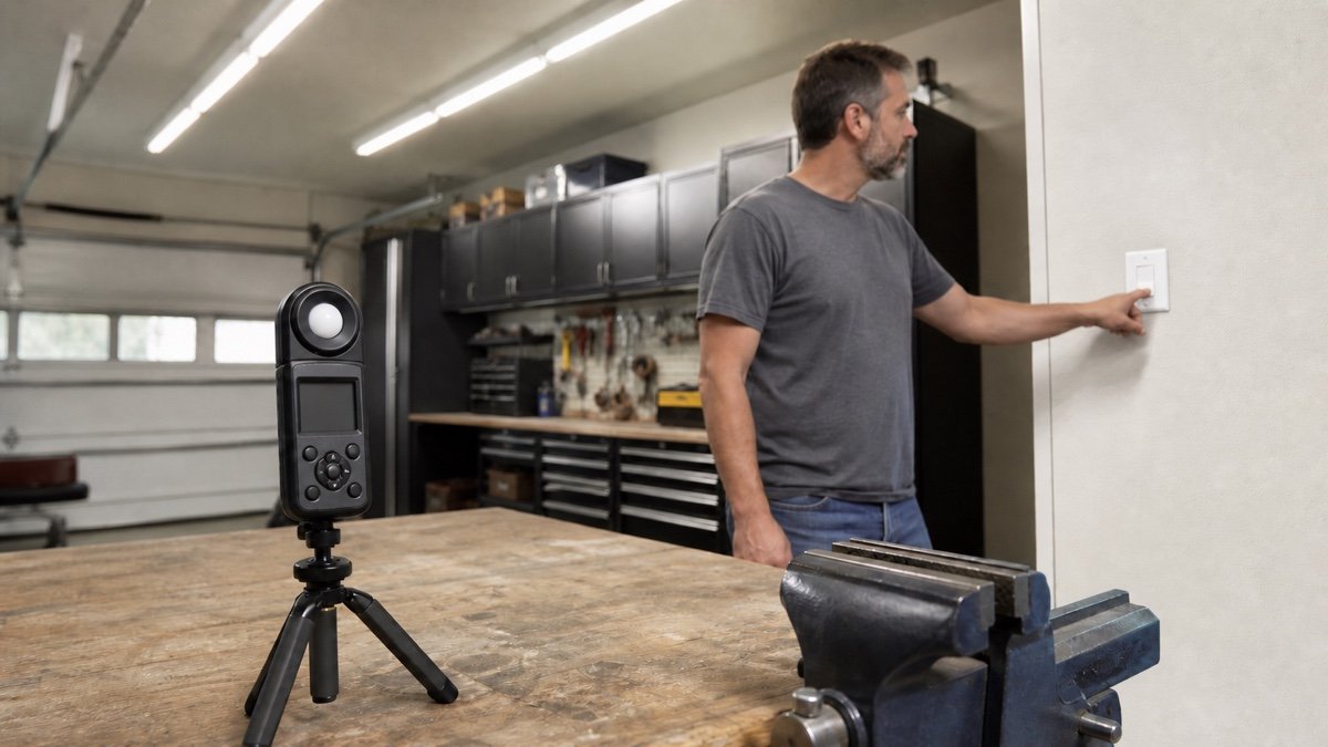 Light meter on a tripod checking illumination at a garage workbench