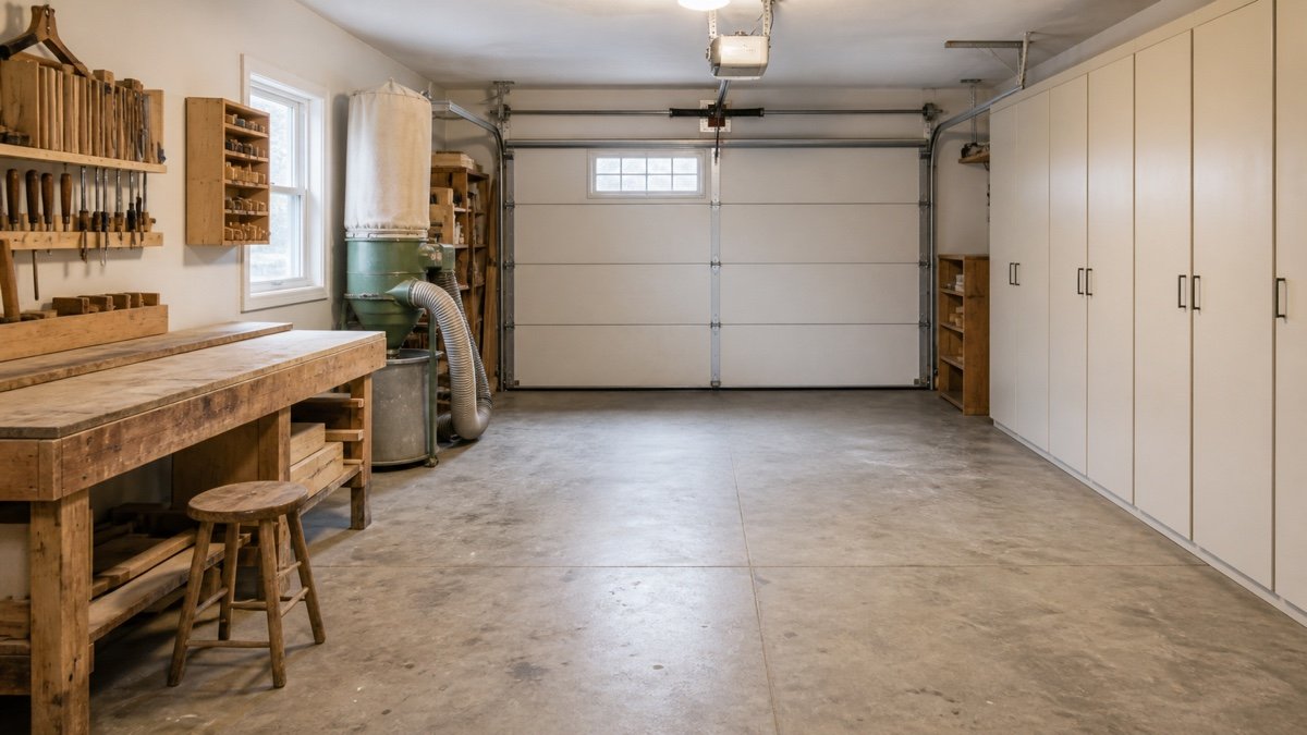 Open garage aisle separating a woodworking bench and dust collector from closed household storage cabinets