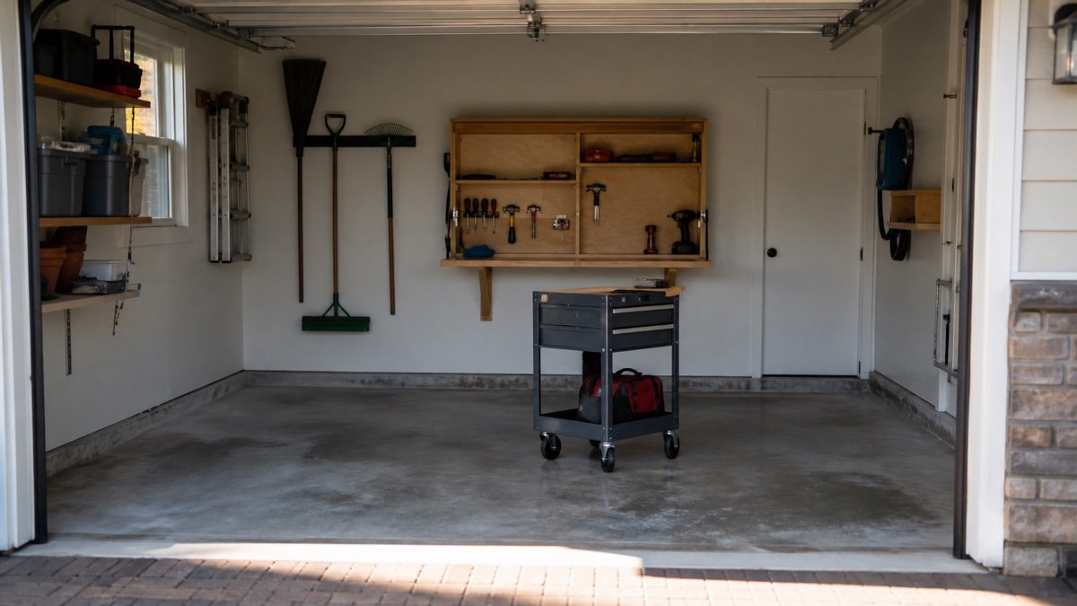 Empty garage parking bay converted to workshop mode with an open folding bench and a rolling tool cart