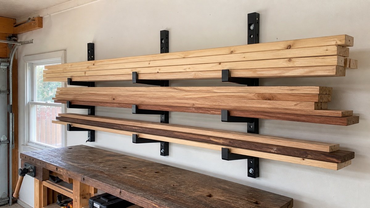 Long boards supported horizontally on three evenly spaced steel cantilever rack uprights