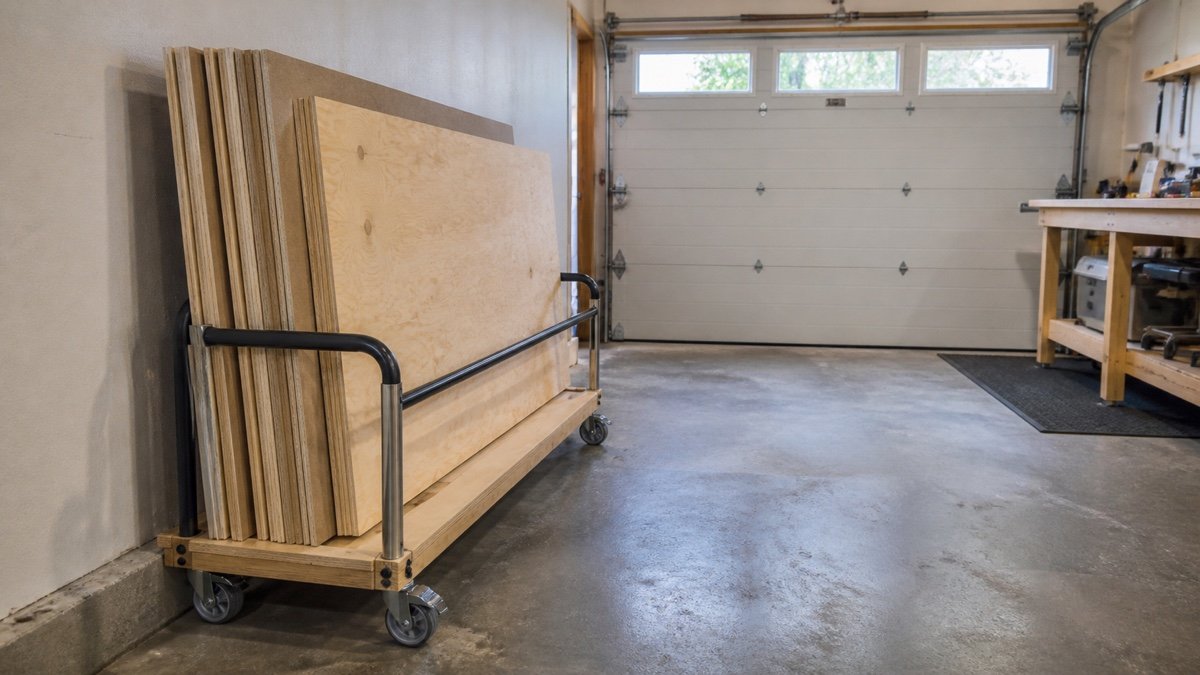 Full plywood sheets secured on edge in a low rolling cart beside a clear garage route