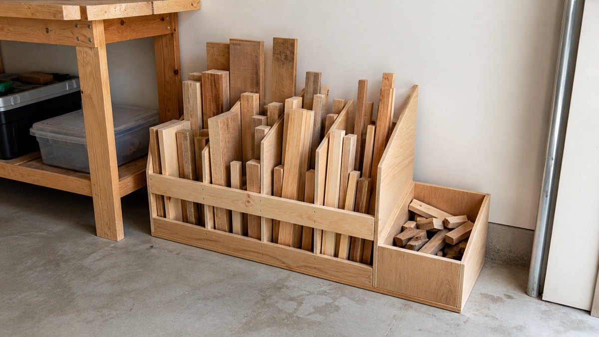 Short lumber and narrow offcuts sorted upright in a low divided plywood corral