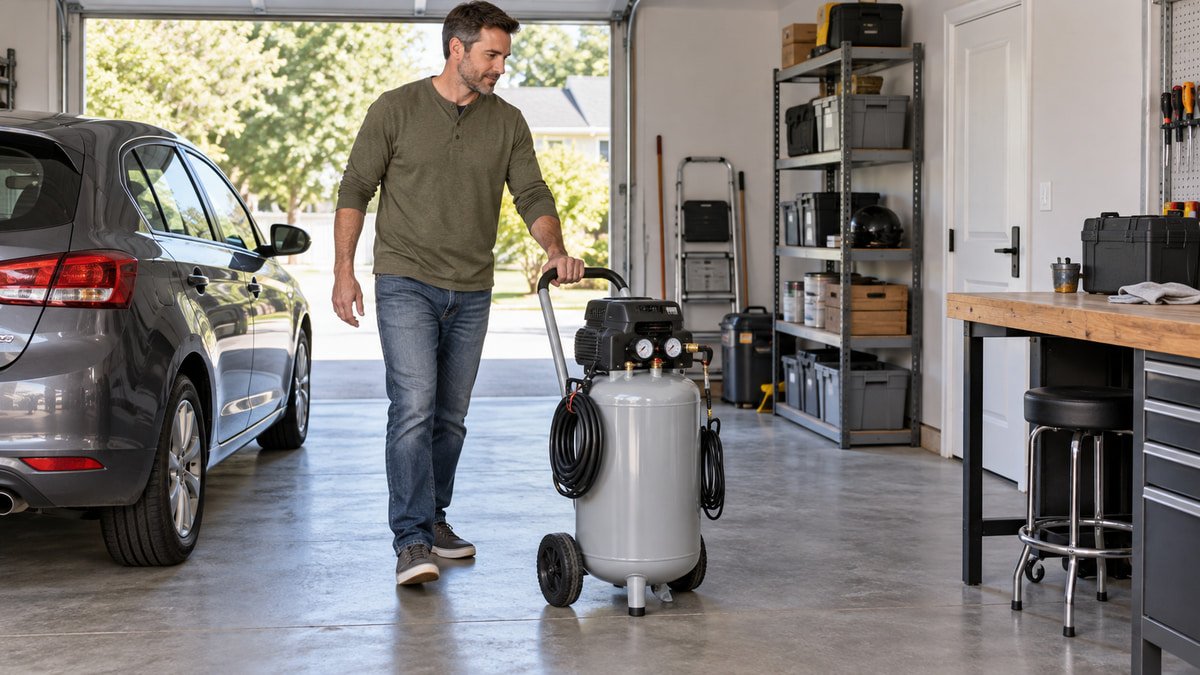 Homeowner rolling a lightweight oil free compressor through a compact garage