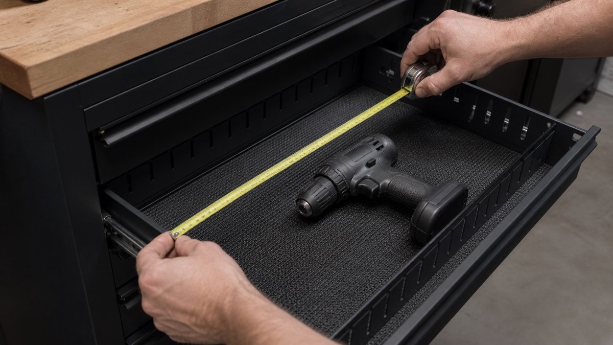 Mechanic measuring a cordless tool and an open tool chest drawer