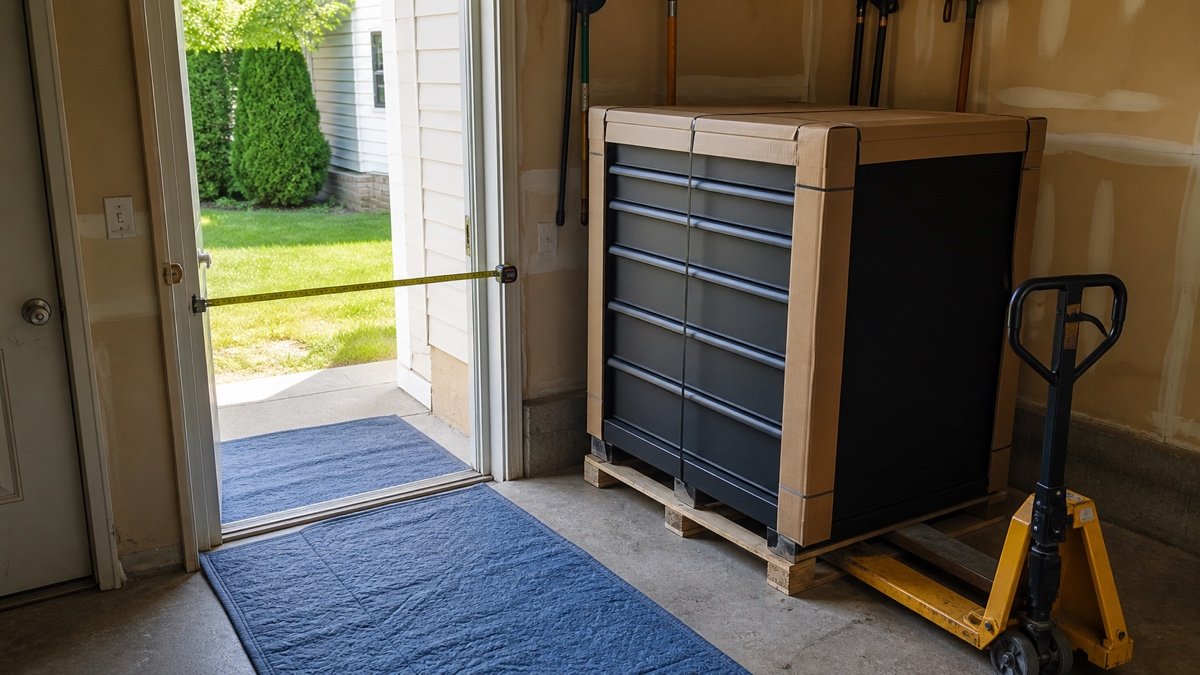 Rolling tool chest delivery path measured through a residential garage doorway