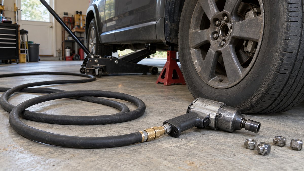 Heavy black rubber air hose connected to a garage impact wrench