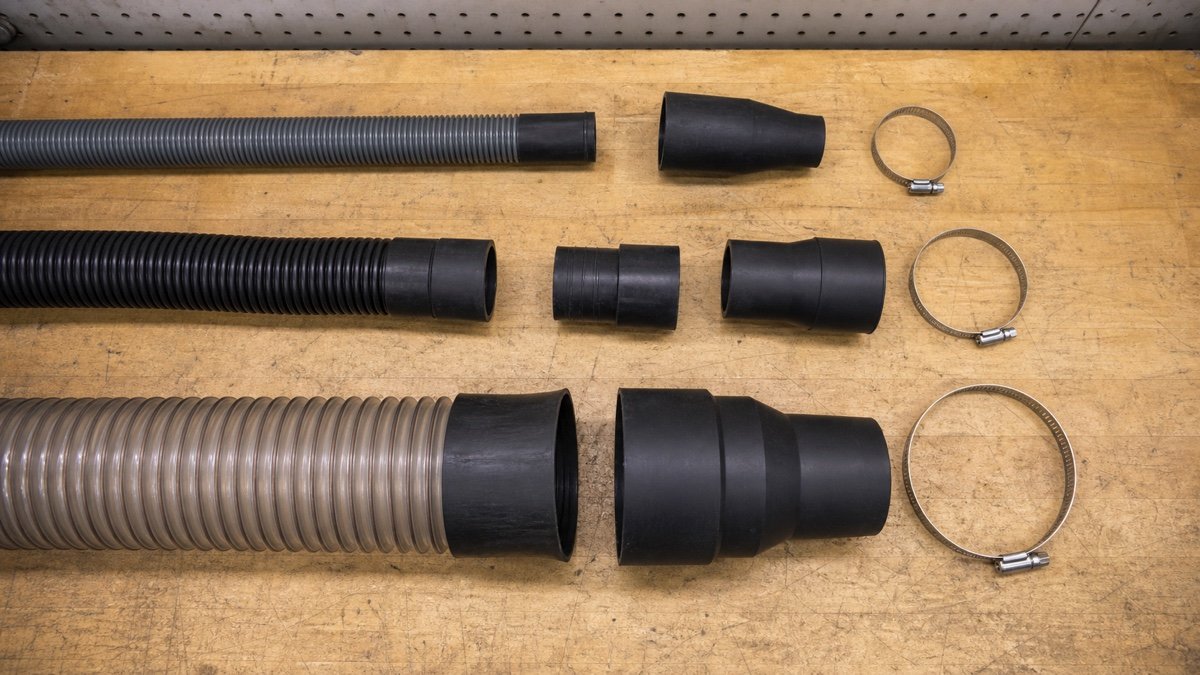Three dust hose diameters with matching cuffs, reducers, and clamps on a workbench