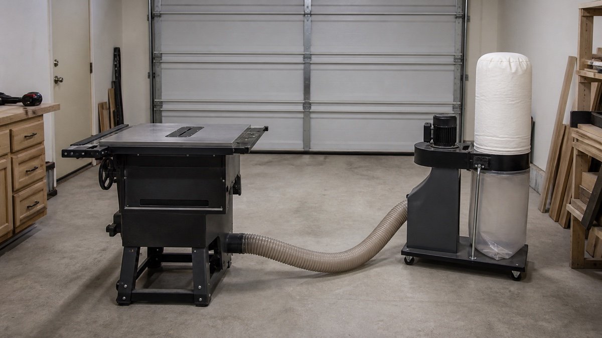 Table saw cabinet connected to a mobile dust collector by a short four-inch hose