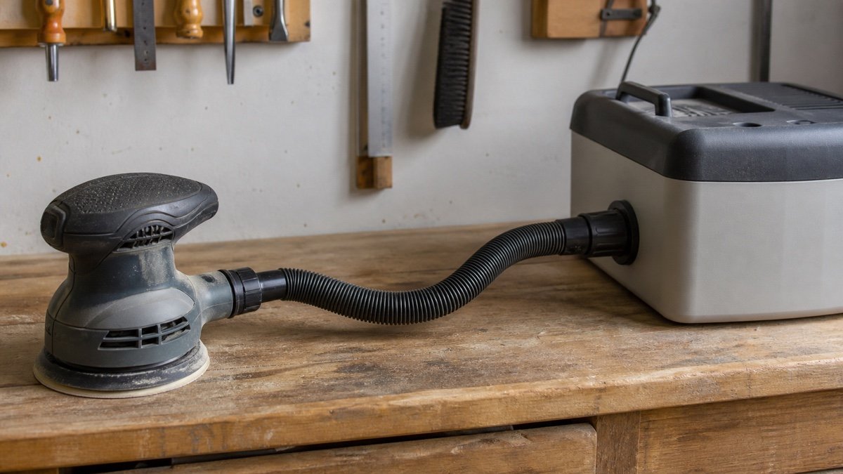 Unplugged random orbit sander connected to a compact dust extractor with a narrow hose