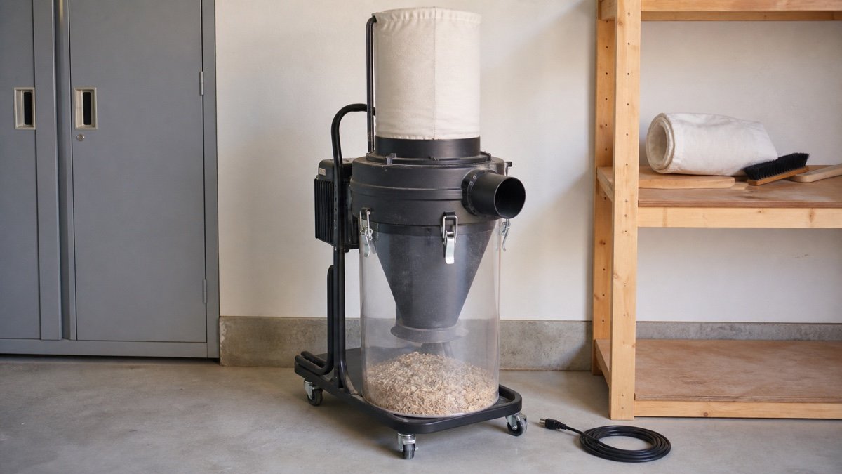 Cyclone dust collector with clear access to its drum, filter, latches, and unplugged power cord